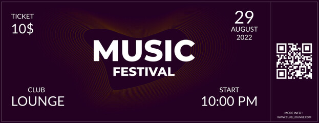 Concert ticket template. Ticket design template for a concert, party or festival with a crowd of people in the background. Vector, vector illustration.