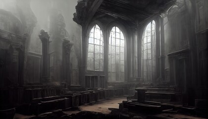 Foggy hall interior in gothic ancient chapel with tall windows and columns.  Empty dark abandoned mystical place