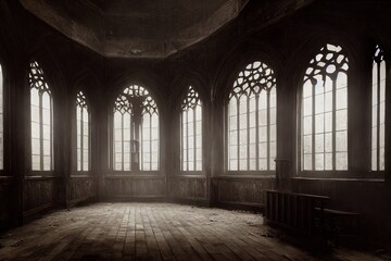 Foggy hall interior in gothic ancient chapel with tall windows and columns.  Empty dark abandoned mystical place