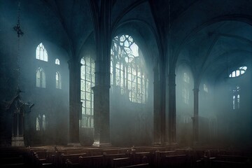 Foggy hall interior in gothic ancient chapel with tall windows and columns.  Empty dark abandoned mystical place