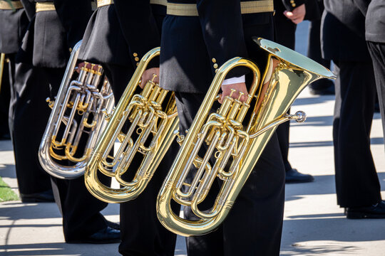 Naval orchestra with tubas. View of tubas in military orchestra