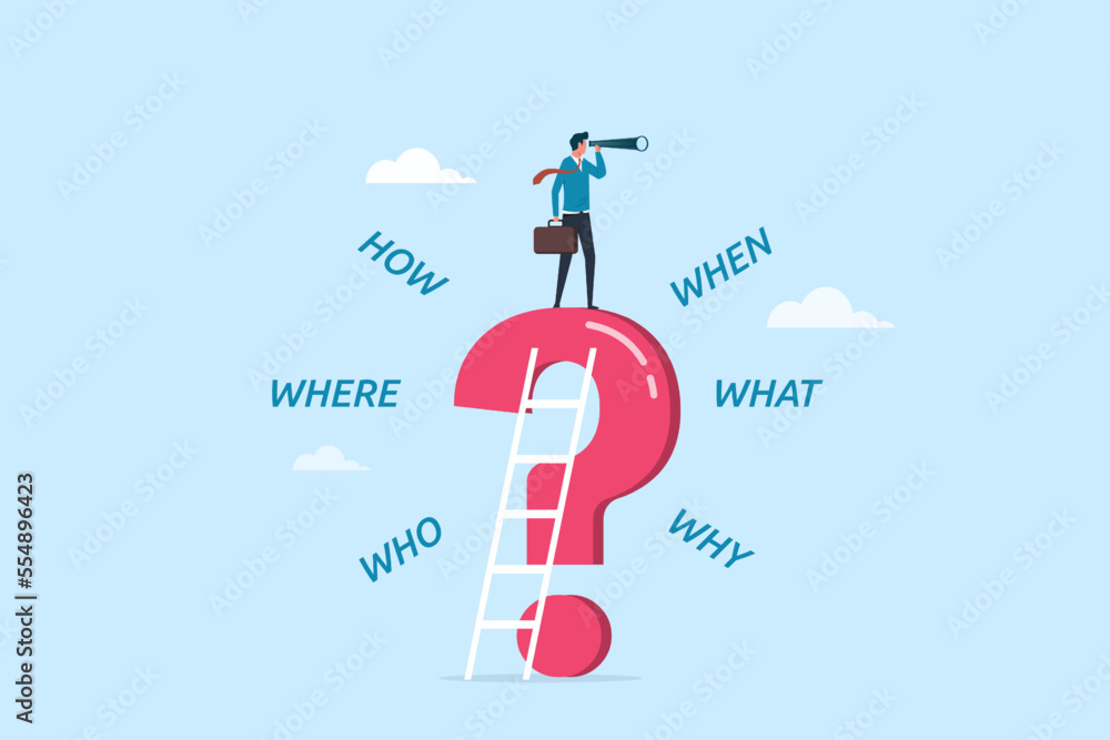 Poster 5w1h asking question for solution to understand and solve a problem, calm businesman on large questi