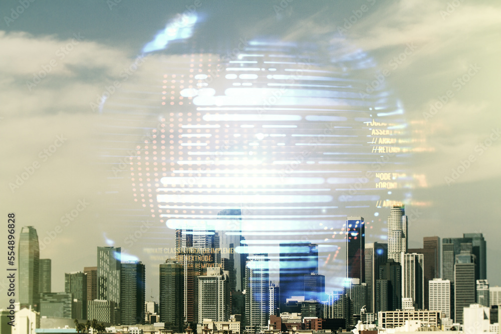 Poster abstract virtual coding concept and world map hologram on los angeles skyline background. multiexpos