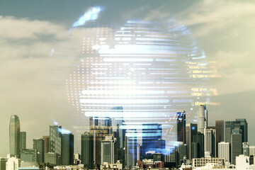 Fototapeta na wymiar Abstract virtual coding concept and world map hologram on Los Angeles skyline background. Multiexposure