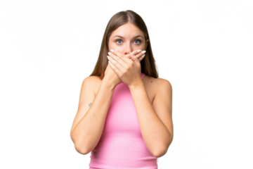 Young beautiful blonde woman over isolated background covering mouth with hands