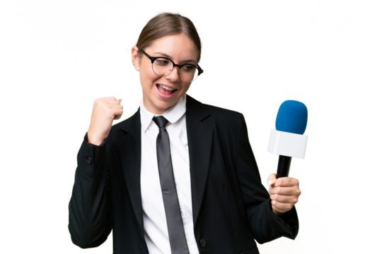 Young TV presenter caucasian woman  over isolated background celebrating a victory