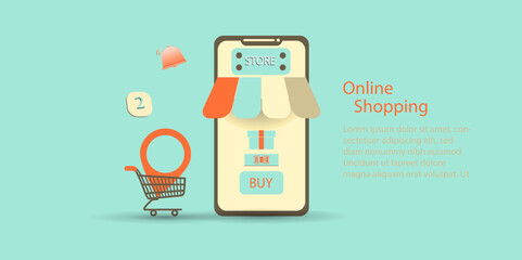 Online shopping Concept,Smartphone with trolley shopping bag text example on white background ,Technology social network  connection  digital  global network ,vector illustration
