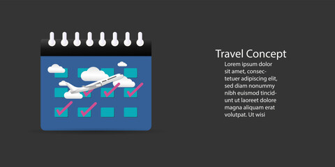 Naklejka premium Calendar with airplane taking off in the air above the cloud ,vector illustration ,Business travel holiday summer Concept