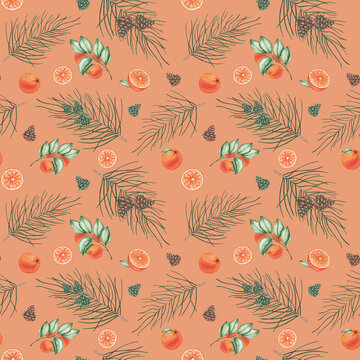 Watercolor seamless pattern. Hand painted illustration of fir tree branch, pine, spruce with cones. Tropical citruis fruits, oranges, grapefruits, tangerines. Print on orange background for textile