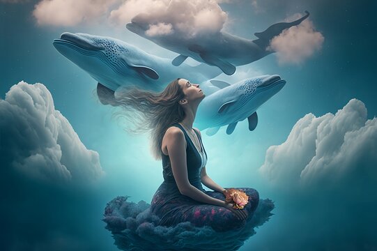 Woman meditating with clouds and whales floating in her mind. Generative AI, this image is not based on any original image, character or person.