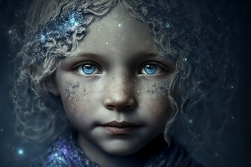 Child with indigo paint and eyes. Spiritual child with old soul. Generative AI, this image is not based on any original image, character or person. - obrazy, fototapety, plakaty