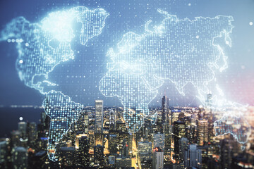 Abstract creative world map interface on Chicago skyline background, international trading concept. Multiexposure