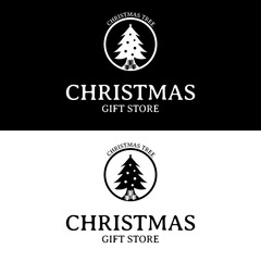 Christmas tree in circle shape silhouette for retro vintage classic gift store logo design icon