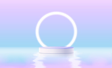 Realistic purple and white 3D cylinder pedestal podium with glowing neon circle lamp background. A .Minimal scene for products stage showcase, and promotion display. Vector geometric platform.