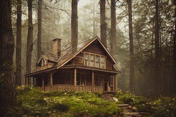 Fototapeta na wymiar American-style wooden cabin house in the woods illustration