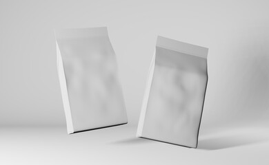 Floating white pouch bags coffee beans branding 3D rendering. Merchandise packaging logo design promo. Blank foil tea food product pack levitating template. Shop delivery sale discount demo reference.
