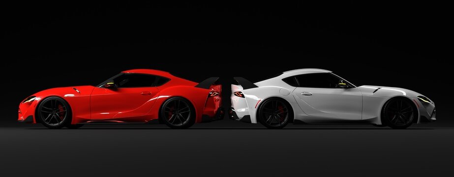 New Toyota GR Supra, luxury Red and White Sportscar isolated on black background