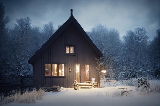 Winter wooden cabin house in the mountains illustration