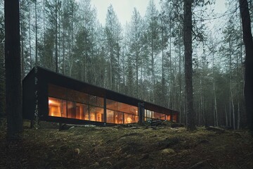 Nordic-style cozy cabin house with bright glass walls illustration
