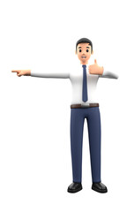 3D illustration business man do the gesture with a smile and happy emotion in cartoon style. Businessman with success pose action with positive thinking on a blank background.