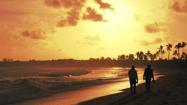 Slow motion of silhouettes of couple walking along the tropical beach with palm trees at sunset.