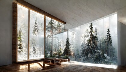 Nordic-style living room interior with wooden details in the winter forest illustration