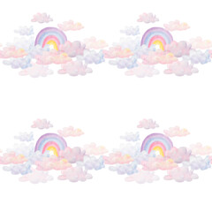 Watercolor seamless pattern. Hand painted illustration of rainbows in purple, blue, pink, yellow colors. Sky with clouds. Weather elements. Print on white background for fabric textile, packaging