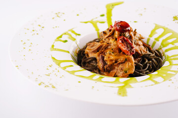 Plate with tasty soba noodles and meat