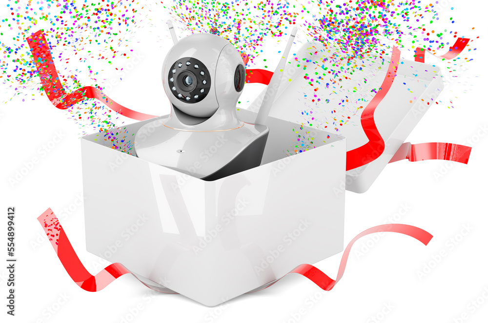 Poster internet protocol camera inside gift box, present concept. 3d rendering