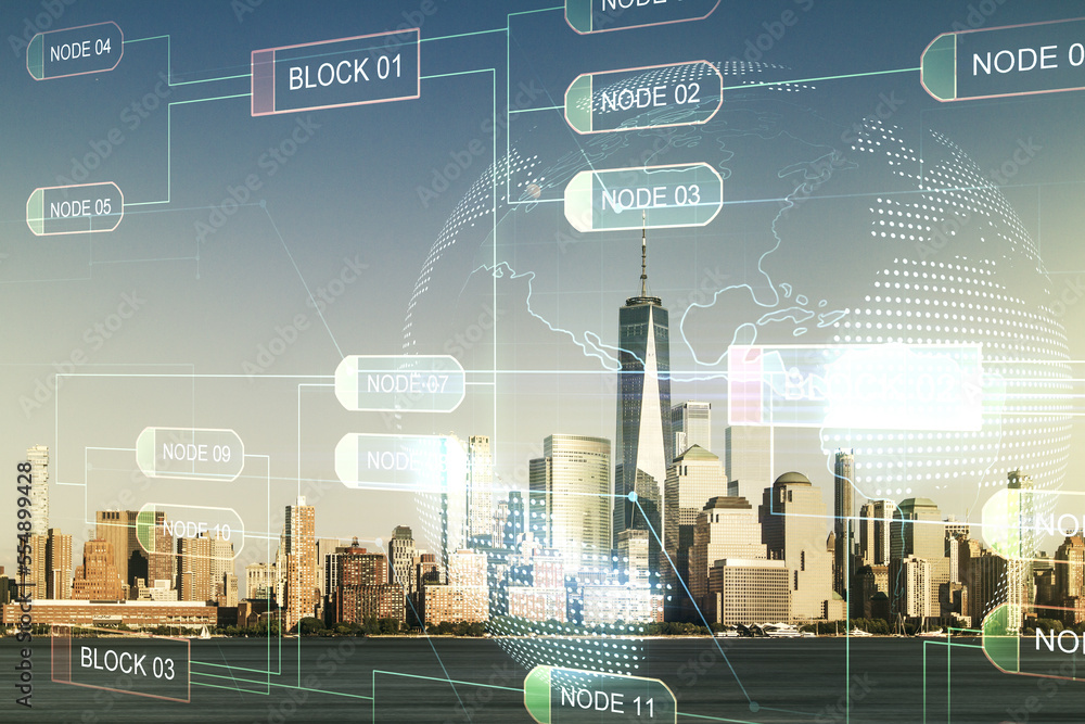 Aufkleber multi exposure of abstract creative coding sketch and world map on new york city skyline background,
