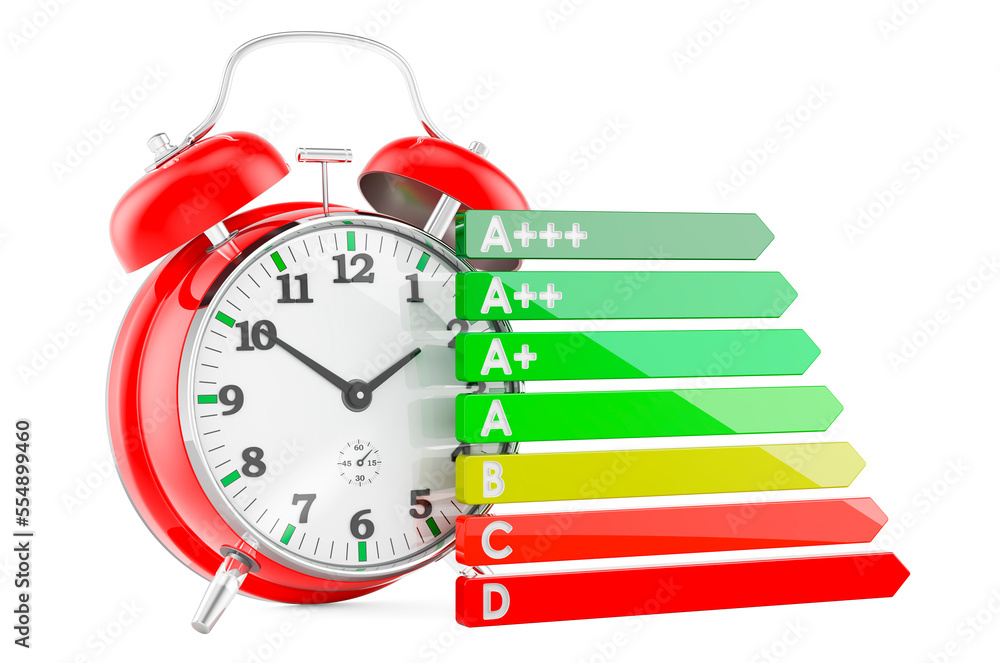 Poster time saving energy resource concept. alarm clock with energy efficiency chart, 3d rendering