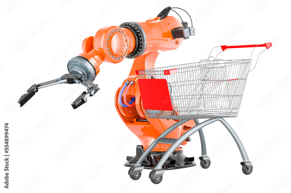 Poster shopping cart with mechanical robot arm. 3d rendering