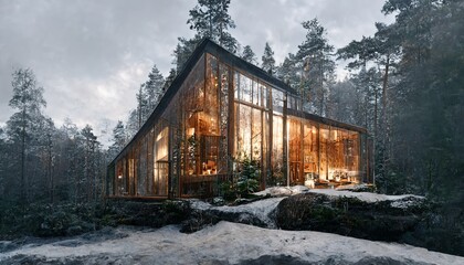 Scandinavian nordic style house exterior with glass walls in the forest illustration