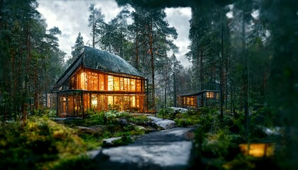 Scandinavian-style house with glass walls in the forest by the river illustration