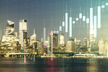 Fototapeta na wymiar Multi exposure of abstract virtual financial graph hologram on New York skyline background, forex and investment concept