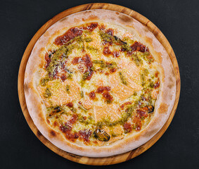 pizza with salmon and mussels top view