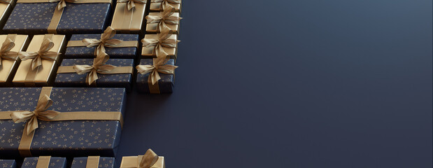 Christmas Gifts Neatly arranged in a Grid. Trendy Gold and Navy Blue Festive Background with copy-space.