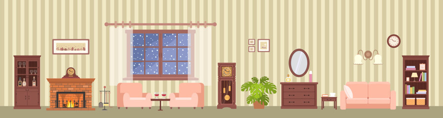 Panoramic living room interior with mahogany furniture, cozy armchairs, fireplace and grandfather clock. Home interior concept. Cartoon flat style. Vector illustration