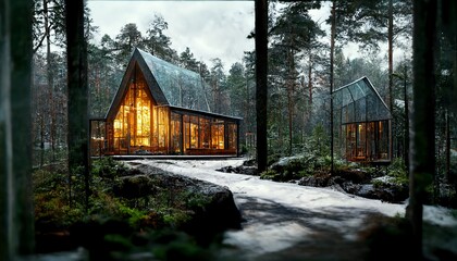 futuristic wooden and glass wall villa with panoramic windows in Scandinavian style house exterior