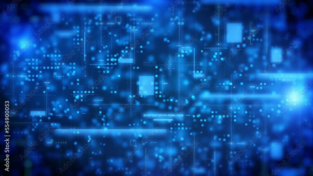 Aufkleber HUD system monitoring in blue square cyberspace simulation. Abstract technology data analysis concept. Digital network connection 4K motion background.