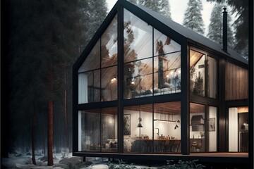 Fototapeta premium Nordic-style cozy cabin house with bright glass walls illustration