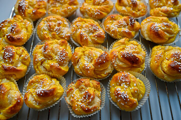 golden brown and yellow saffron buns baked