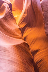 Details of the sandstone formations of Antelope canyon in Arizona with various hues of colors.