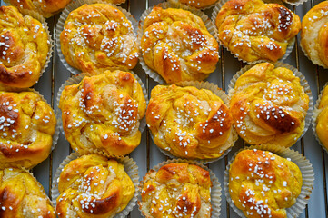 golden brown and yellow saffron buns baked