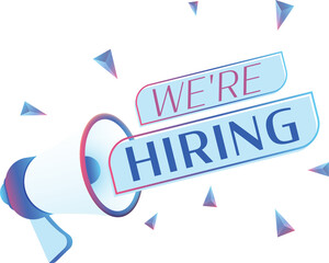 We're hiring text with 3d realistic megaphone vector illustration. Banner template to announce news about webinar in social media, training course, marketing technology poster