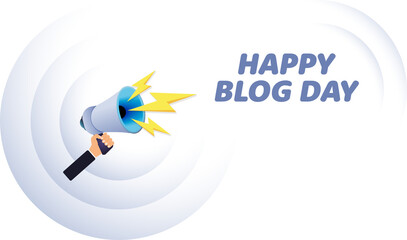 Hand hold megaphone. Happy blog day, realistic 3d megaphone, loudspeaker with lightning. Symbols Speaker, Social media, Advertising and promotion. Vector