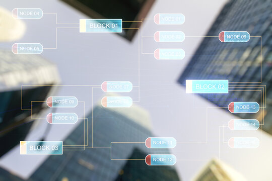 Multi exposure of abstract programming language hologram on blurry cityscape background, artificial intelligence and machine learning concept