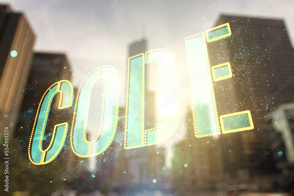 Aufkleber Code word hologram on blurry cityscape background, artificial intelligence and neural networks concept. Multiexposure