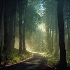 Obraz premium Smokey lane in the forest, blue and grey colors. Dark scary path. Misty fog with sunbeams breaking through. AI generated art.