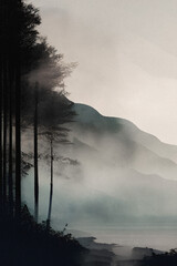 Watercolor landscape background. Trees and mountains landscape. Dark landscape texture.
